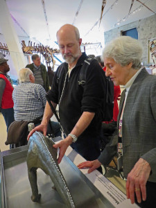 Visionaries member touches a model of a dinosaur at the Royal Ontario Museum.